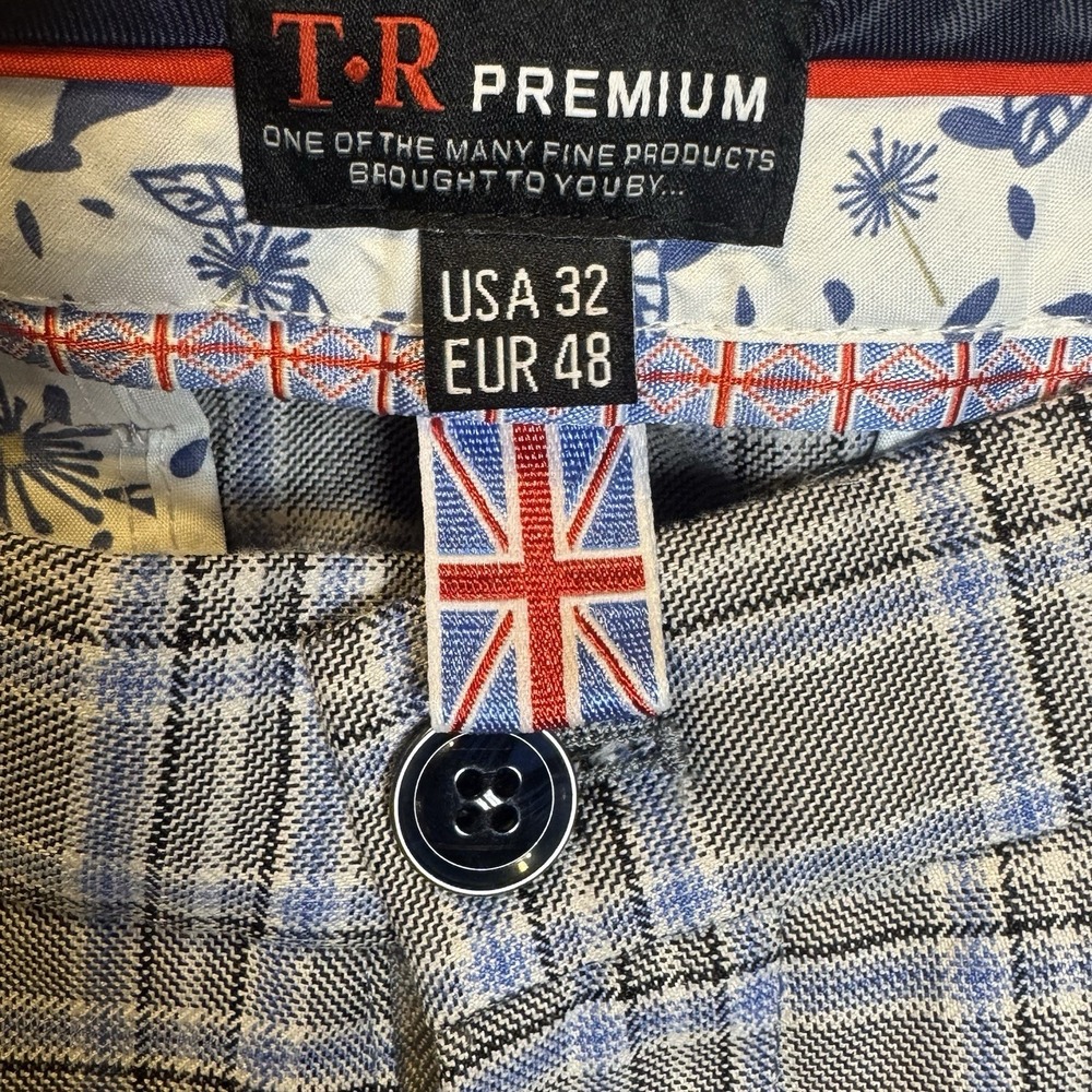 TR Premium Men's Plaid Tailored Pants 32 Gray Blue Stretch Slim Fit Trousers - Picture 7 of 16